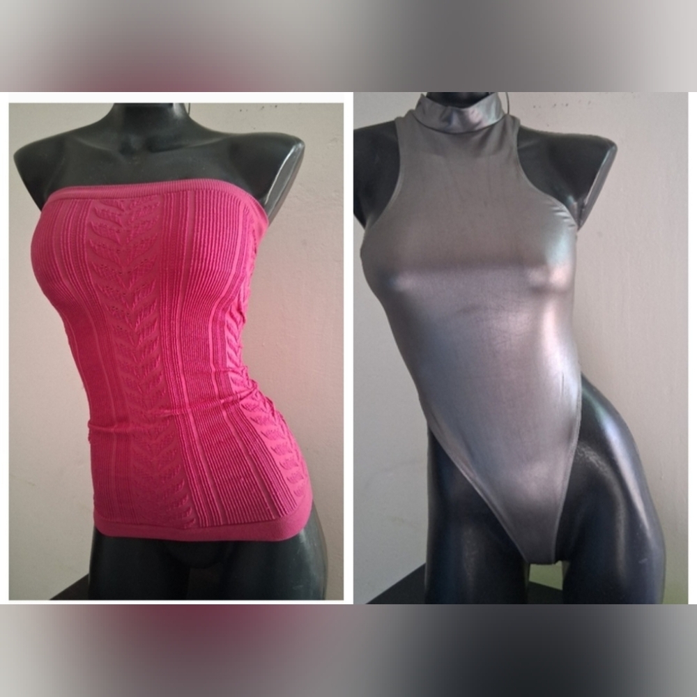 Fiuscha Pink Knit Tube Top and Silver Bodysuit